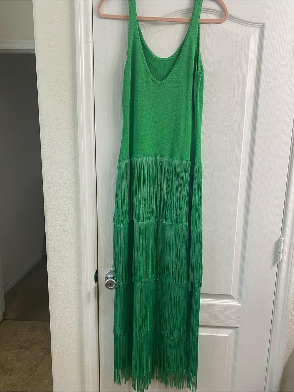 Vici Sunset Spritz Great Gatsby Tiered Fringe Maxi Vibrant Green Knit Dress M - Picture 10 of 15